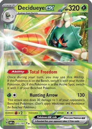Decidueye ex Pokemon trading card from SV03: Obsidian Flames