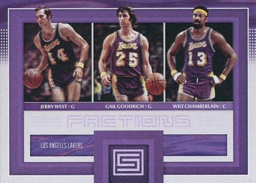 2017-18 Panini Status Factions #29 card with Gail Goodrich, Jerry West and Wilt Chamberlain