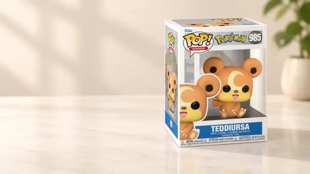 Funko POP Pokemon Teddiursa in its box on a soft cream background