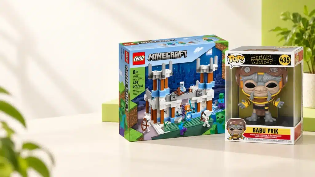 Funko POP Star Wars Babu Frik beside a LEGO Minecraft set