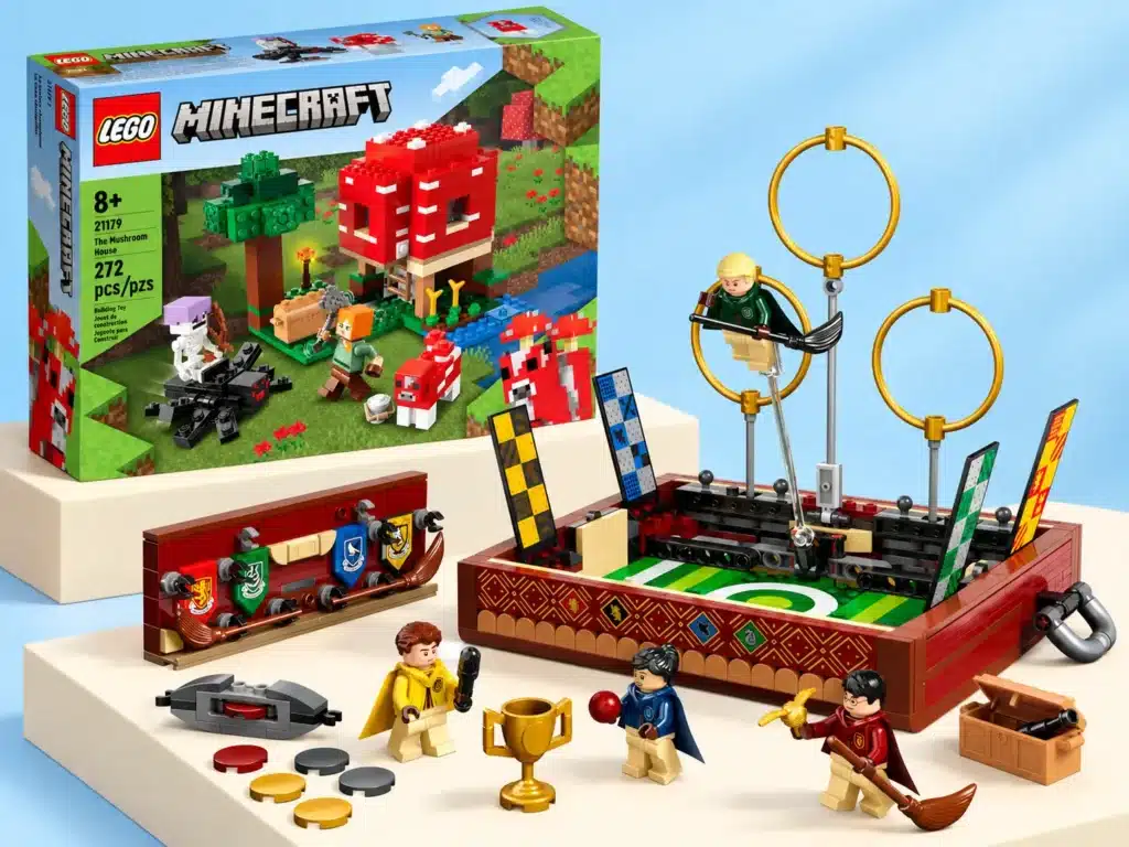 LEGO Harry Potter Quidditch set and a LEGO Minecraft set on display blocks