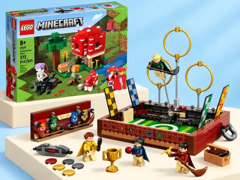 LEGO Harry Potter Quidditch set and a LEGO Minecraft set on display blocks