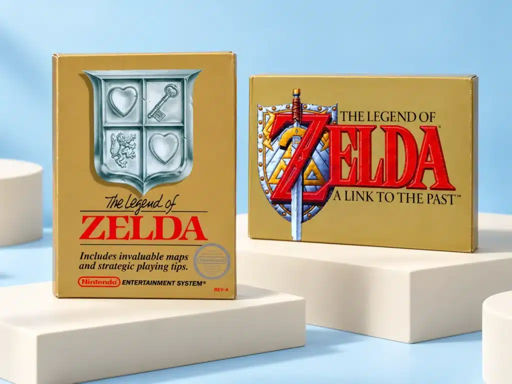 The Legend of Zelda NES and SNES games on display blocks