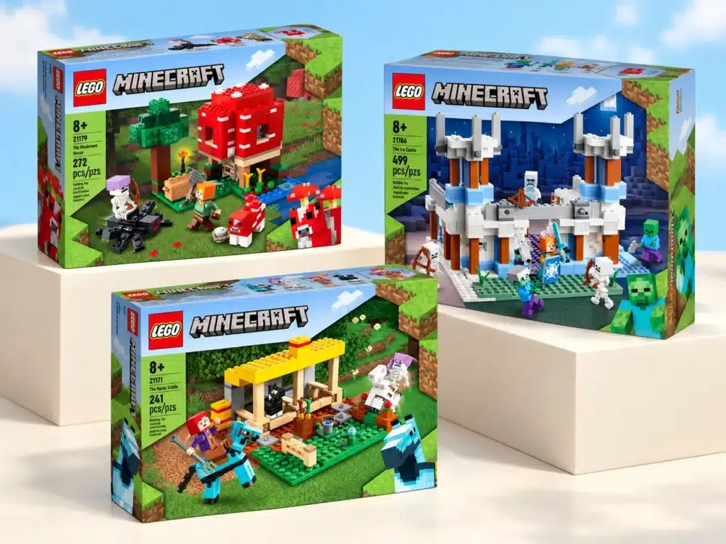 LEGO Minecraft sets arranged on white display blocks