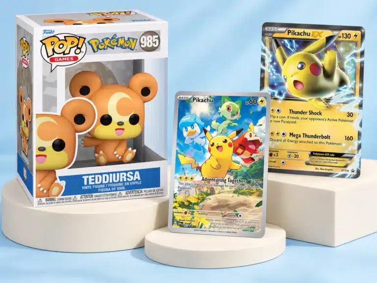 Funko POP Teddiursa with Pikachu Pokemon cards on display blocks
