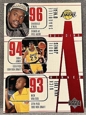 1996 Upper Deck Lakers Building a Winner #148 card with O'Neal, Jones, Van Exel, Ceballos and Bryant