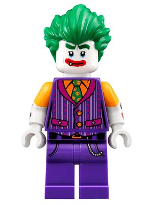 LEGO The Joker minifigure, vest, shirtsleeves, smile with fang, from The LEGO Batman Movie
