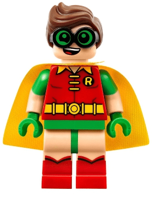 LEGO Robin minifigure, green glasses, smile / scared pattern, from The LEGO Batman Movie