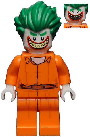 LEGO The Joker minifigure, prison jumpsuit, smile with pointed teeth grin, from The LEGO Batman Movie