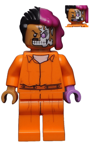 LEGO Two-Face minifigure, prison jumpsuit, from The LEGO Batman Movie