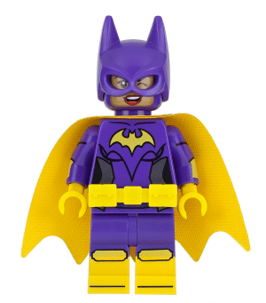 LEGO Batgirl minifigure, yellow cape, dual sided head with smile/angry pattern, from The LEGO Batman Movie